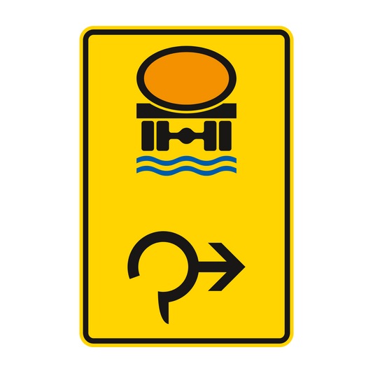 Verkehrszeichen „Vorwegweiser für Fahrzeuge mit wassergefährdender Ladung im Kreisverkehr, rechtsweisend“ – VZ 442-26